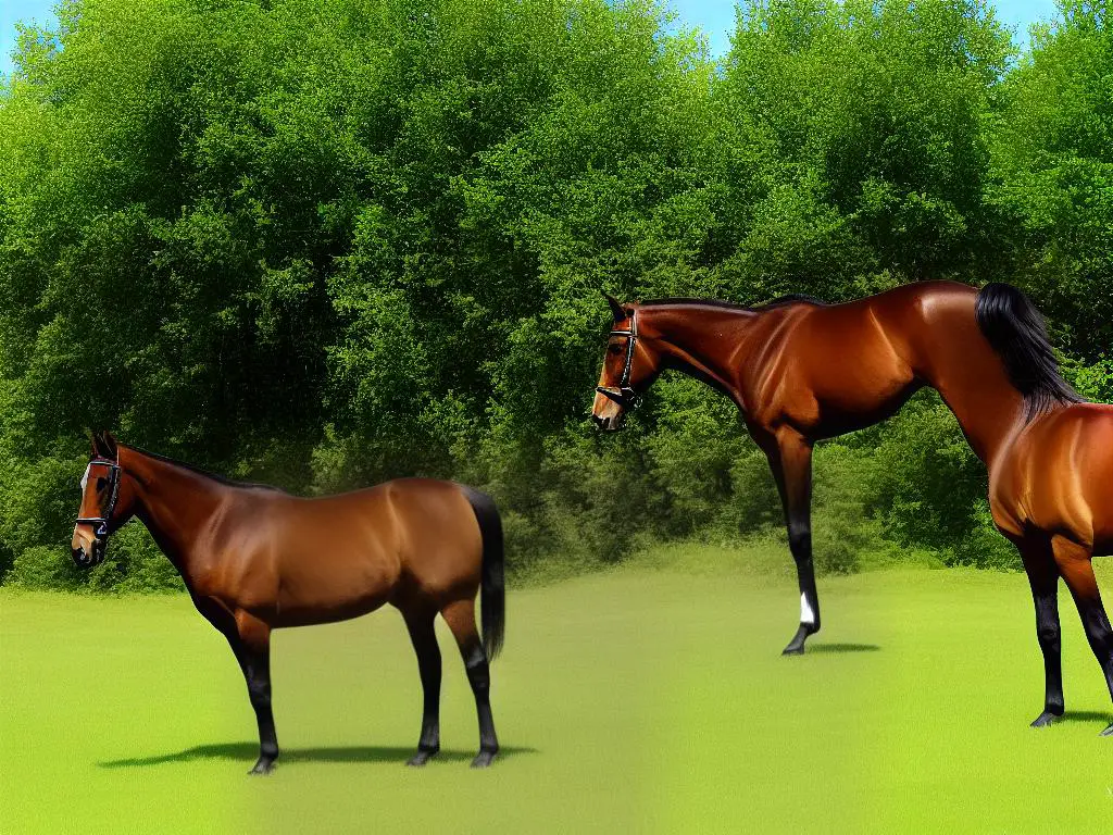 Picture of a brown Saddlebred horse with a long, flowing mane and tail, standing in a grassy field with trees in the background.