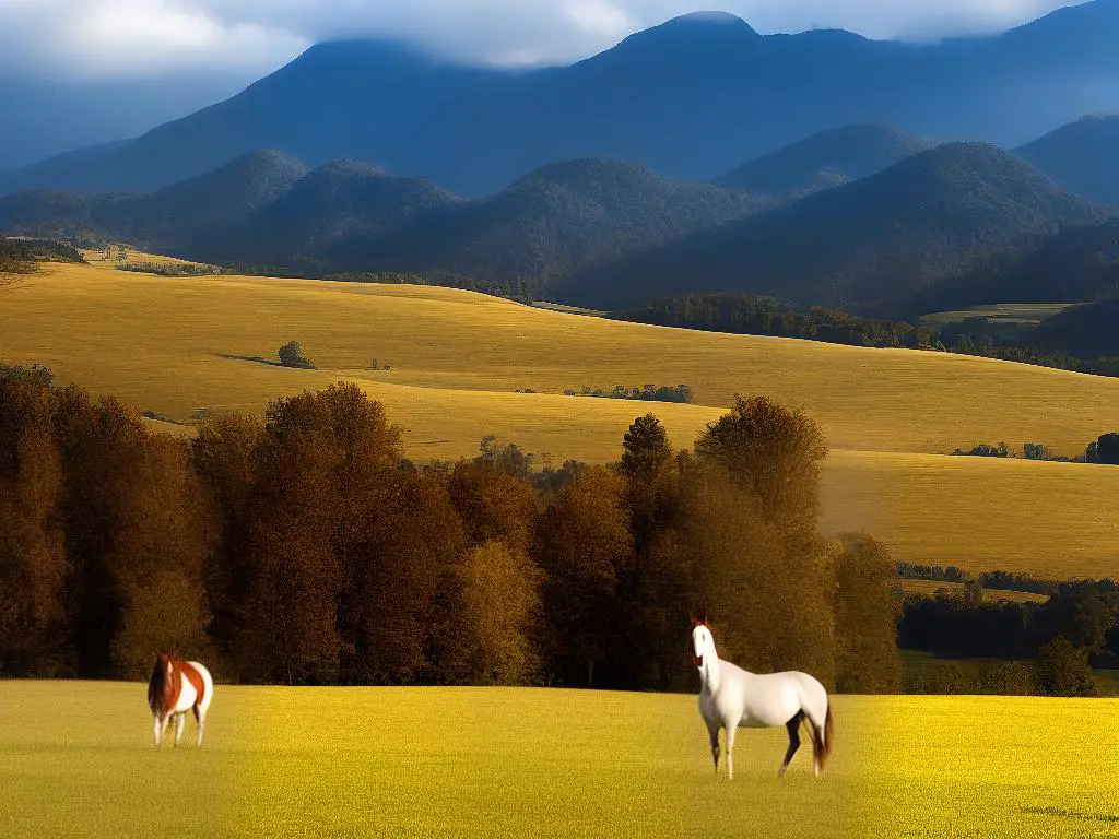 The image shows a brown Saddlebred horse standing gracefully on a field with a misty mountain range in the background.