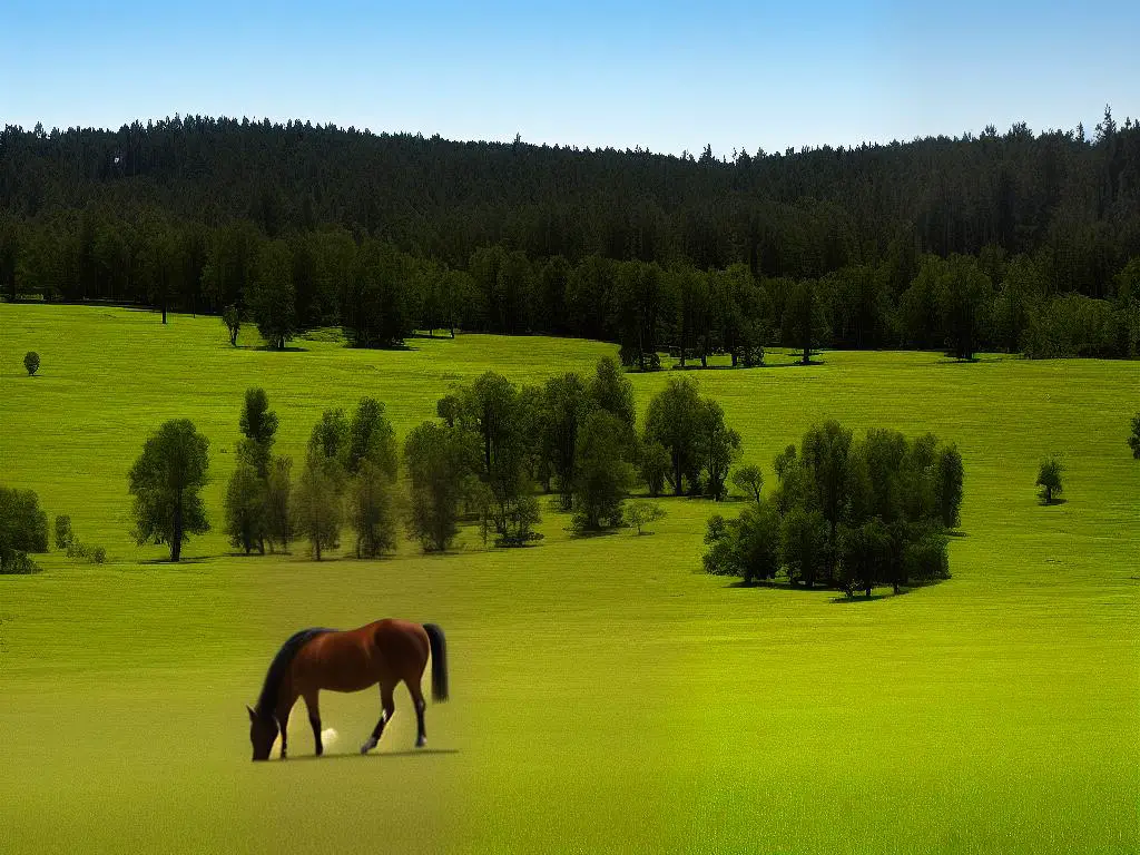 A picture of a Saddlebred horse grazing on a peaceful meadow