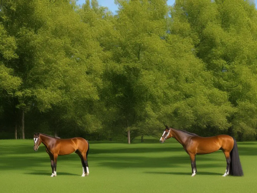 A young Saddlebred horse colt standing in a green field with trees in the background.