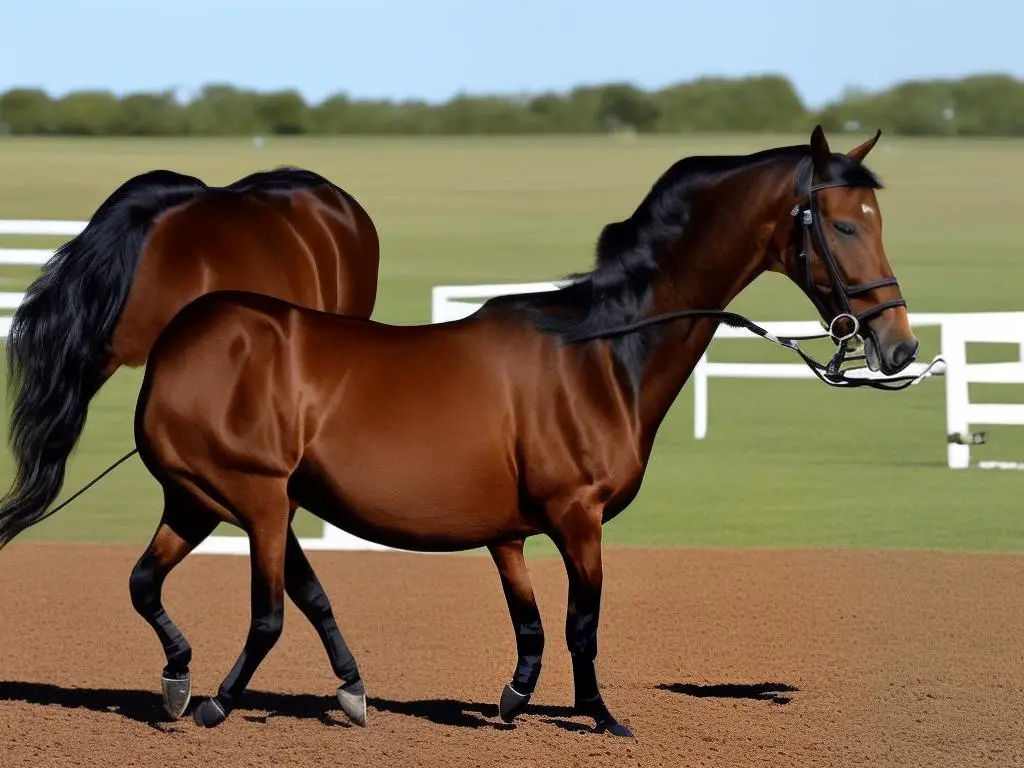 A picture of a brown American Saddlebred horse with a long and elegant neck trotting in a show ring.