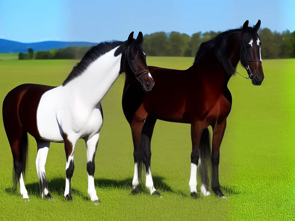 A groomed Saddlebred horse standing in a field with a shiny, well-kept coat and long, braided mane and tail.