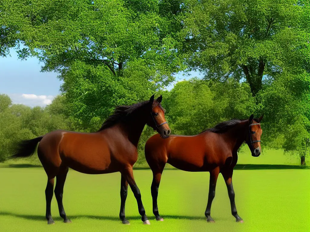 A picture of a beautiful & well-groomed Saddlebred horse standing in a green field with trees in the background.