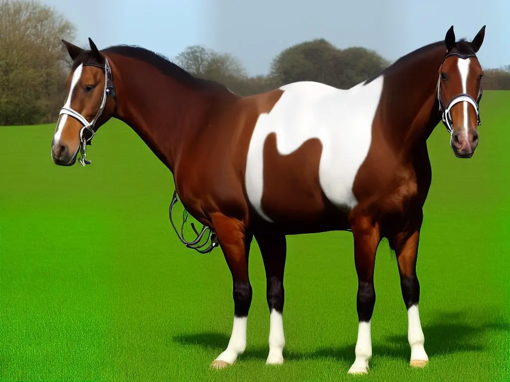 A brown and white Saddlebred horse standing on a green field, wearing a leather saddle and bridle.