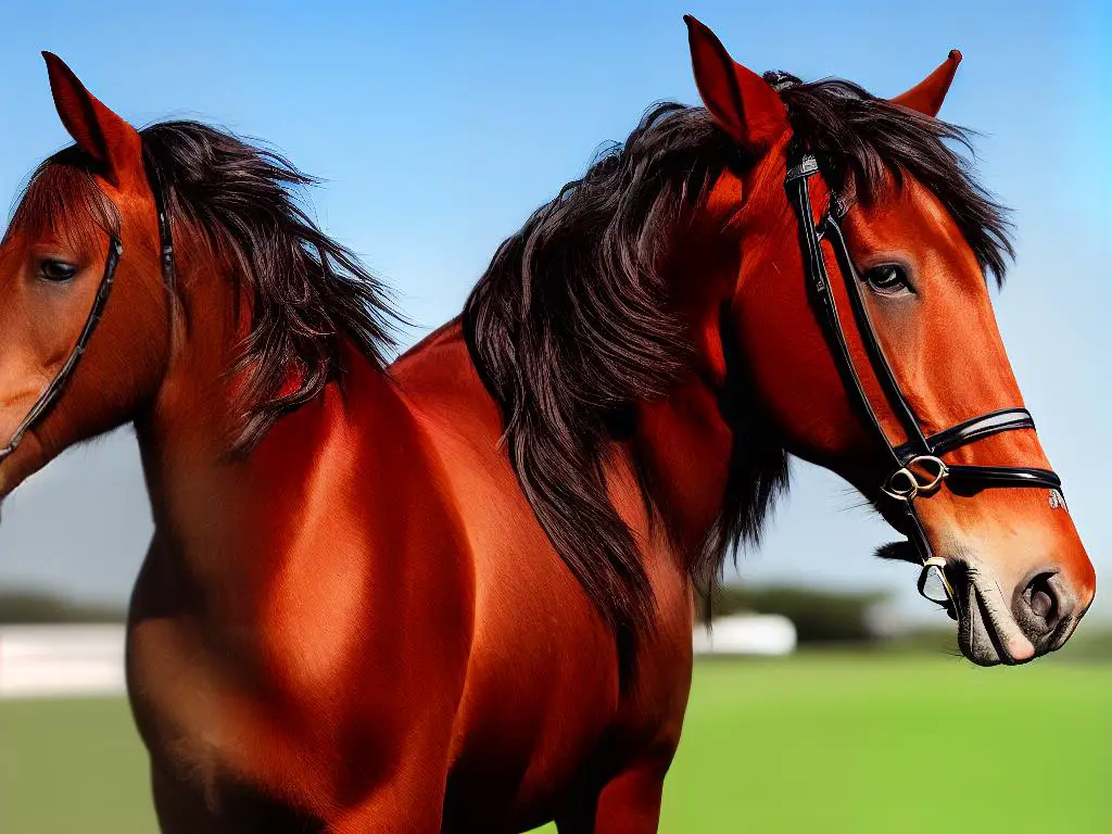 A brown Saddlebred horse standing proudly with its mane braided and its coat shining in the sun as it is prepared for a horse show.