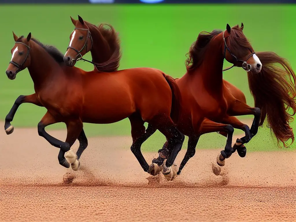 A chestnut-colored Saddlebred horse with a glossy coat and long, wavy mane adorned with ribbons and braids is seen trotting elegantly with high-stepping motion on a well-manicured show ring with audience in background.