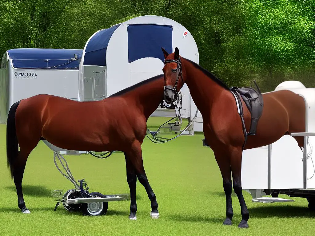 A picture of a saddled Saddlebred horse standing inside a trailer. The horse looks calm and alert with proper ventilation and light in the surrounding environment.