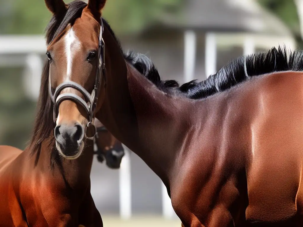 A brown horse with a long and elegant neck, straight back, and strong hindquarters stands in a stable with its head turned towards the camera.