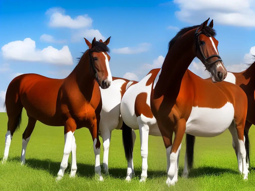A picture of two Saddlebred horses, one white and one brown, standing in a field with a blue sky and clouds in the background. They are both wearing bridles and appear well cared for and happy.