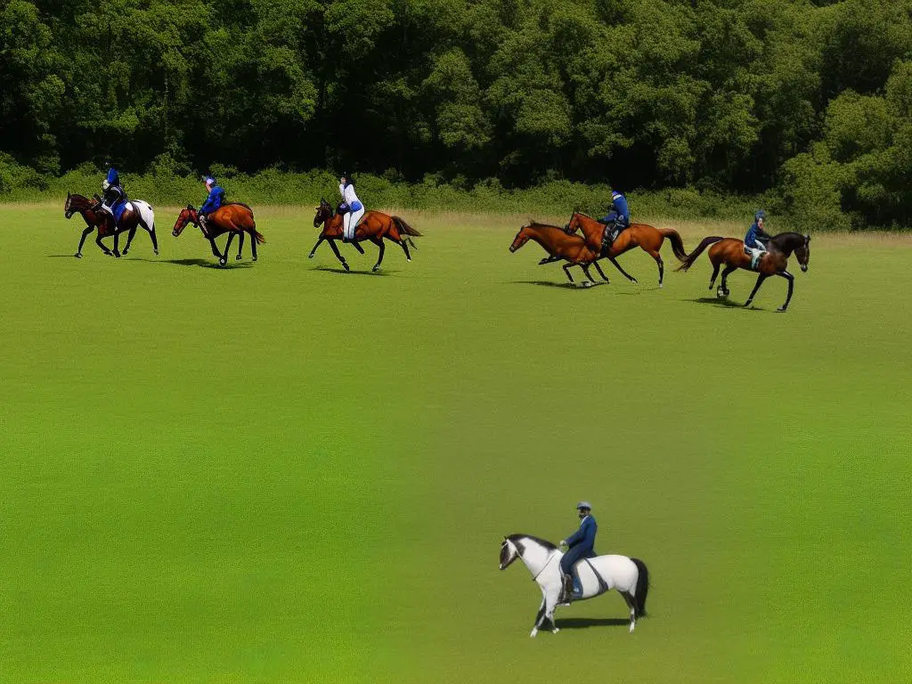 Two Saddlebred horses galloping across a field with a blue sky in the background