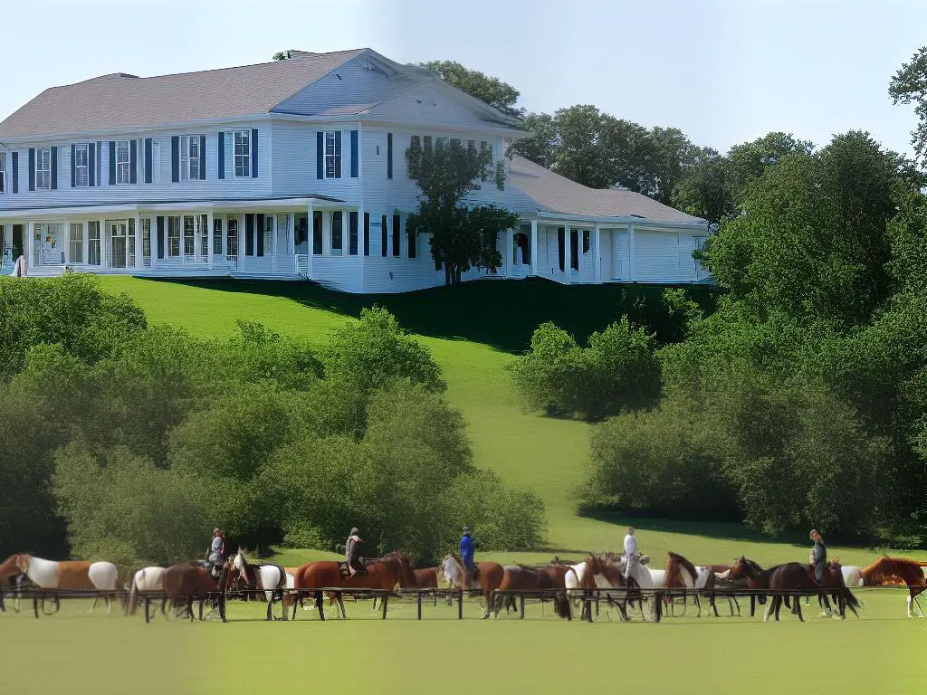 A picture of the American Saddlebred Registry building with horses in a nearby field fenced in.