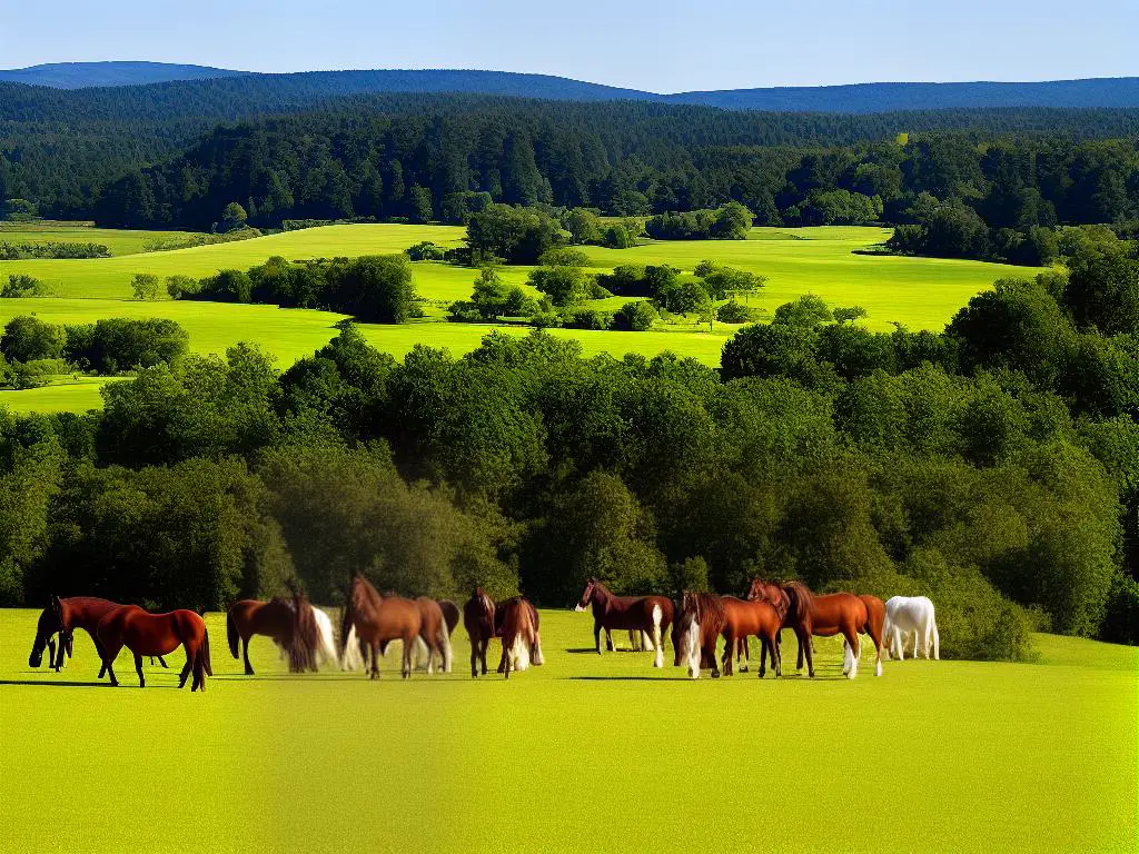 A group of happy horses grazing in an open field near a barn.