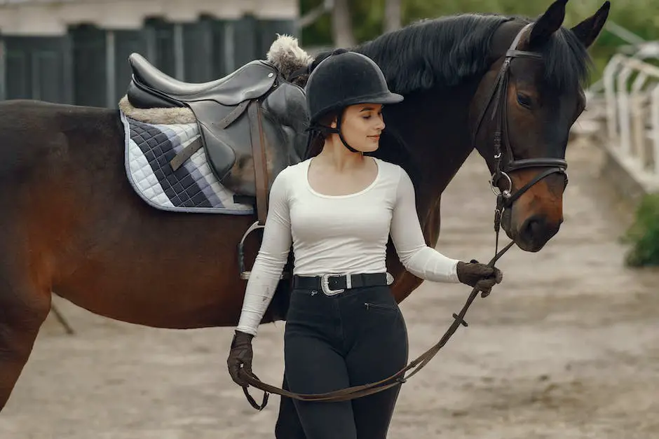 A person riding a horse while holding reins with a second person watching from a distance.