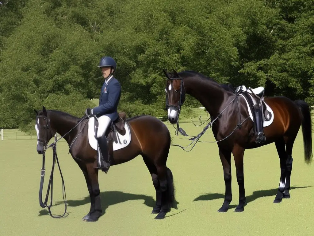 A photo of a properly fitted saddle on a Saddlebred horse, with a Weymouth bridle and a martingale accessory.