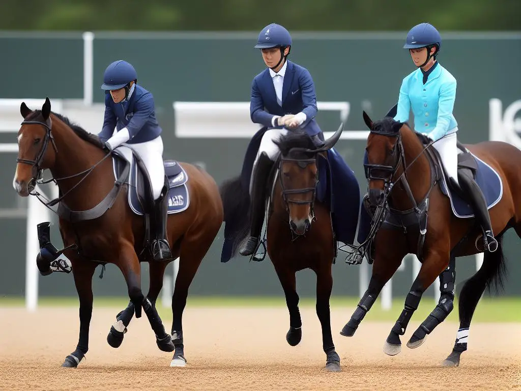 A rider and horse practicing in a show ring. The horse has a high-stepping action that is smooth and animated.