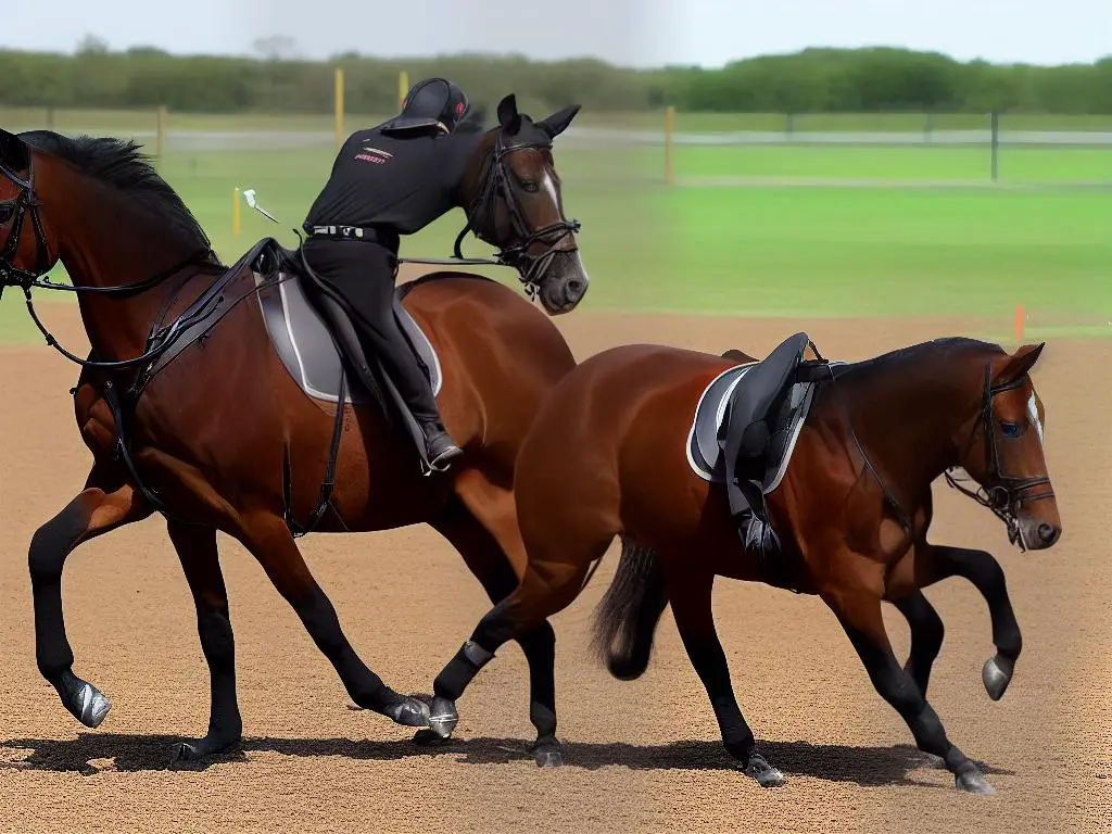 A picture of a Saddlebred horse in training, working on lateral movements in a riding arena.