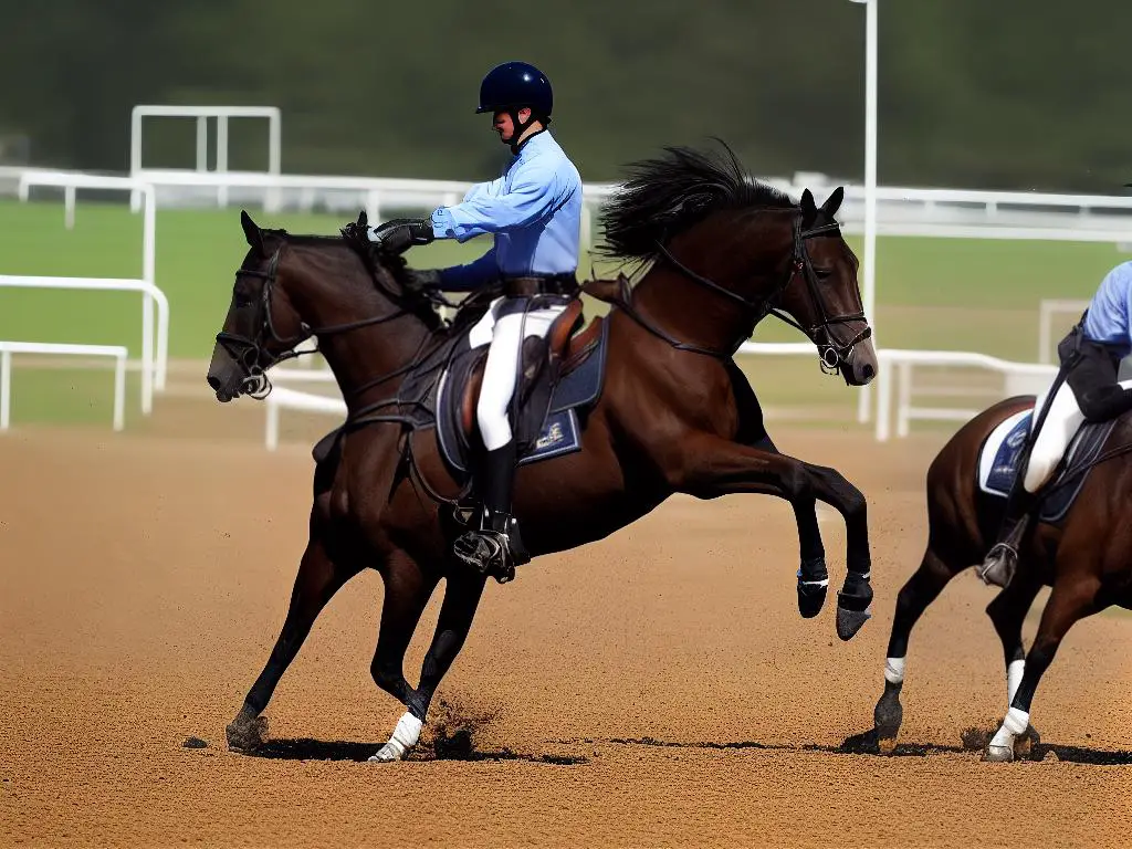 In this image, a horse and rider are practicing their saddleseat movements in a training ring. The rider is sitting tall and straight in the saddle as the horse lifts its front legs high in a showy manner, demonstrating the desired qualities for saddleseat riding.