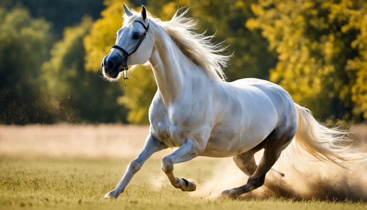 A beautiful Shagya Arabian horse running in a field
