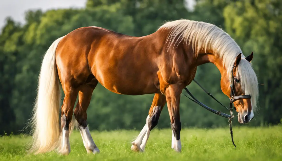 A beautiful Shagya Arabian horse grazing in a green pasture