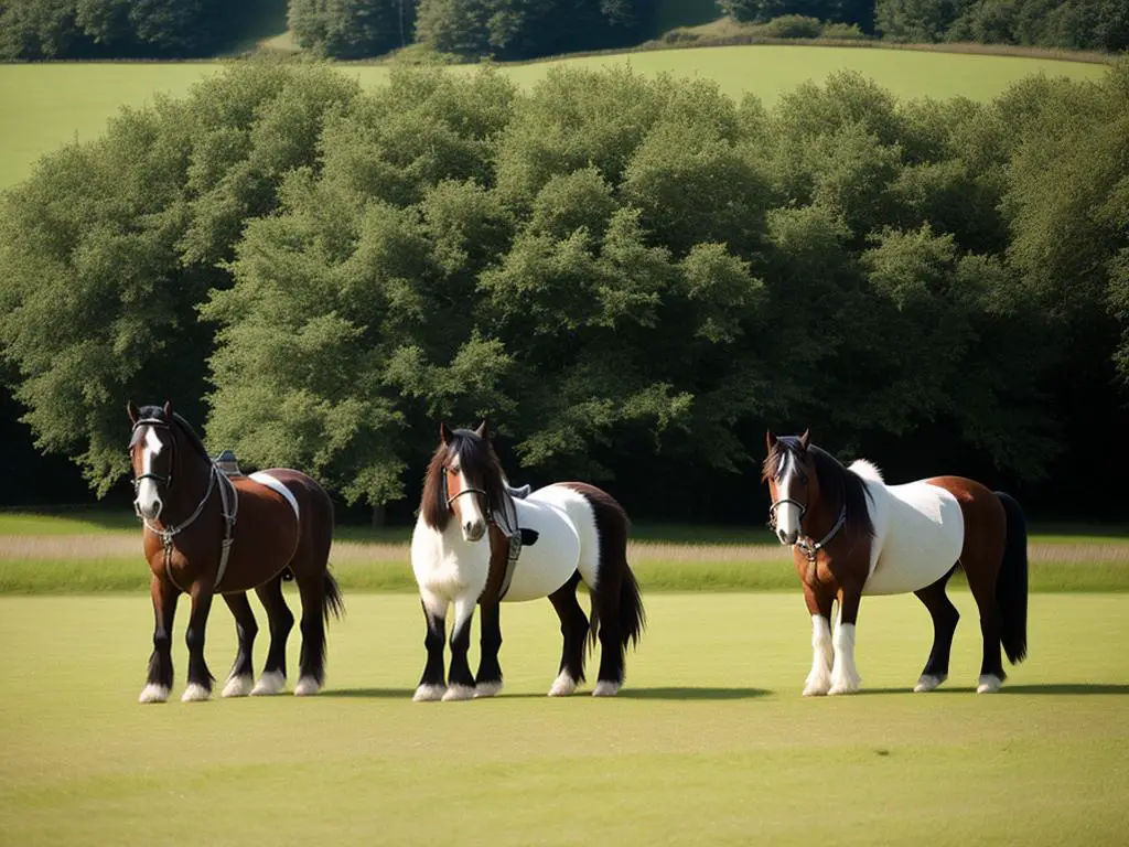 Image of Shire and Clydesdale horses side by side in a field