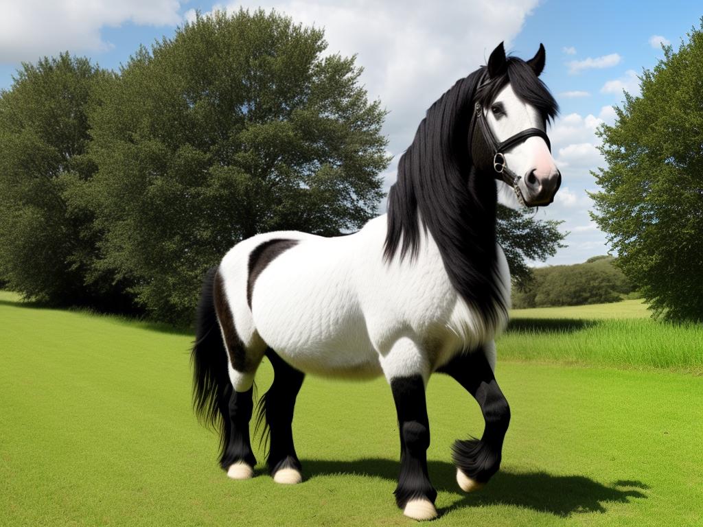 Image of a Shire Horse standing in a pasture with its muscular body and heavy feathering around its legs.