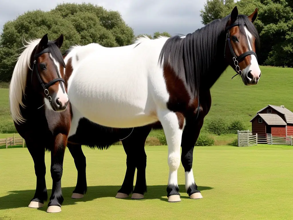 A Shire horse with its calm and steady disposition, traditionally used for hauling and agricultural work due to their exceptional strength.