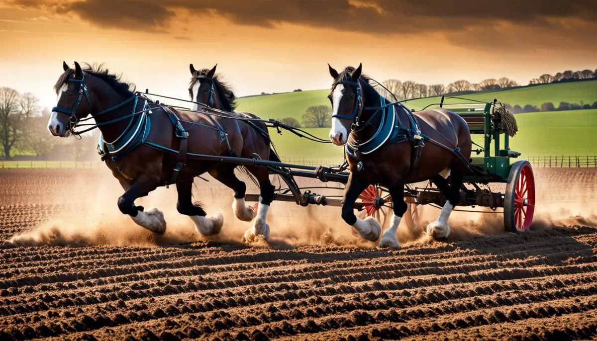 A picture showing a Shire horse ploughing a field in a historical agricultural setting