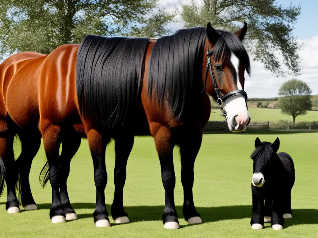 Image depicting a comparison between a Shire horse and a regular horse, showcasing their distinct physical characteristics.