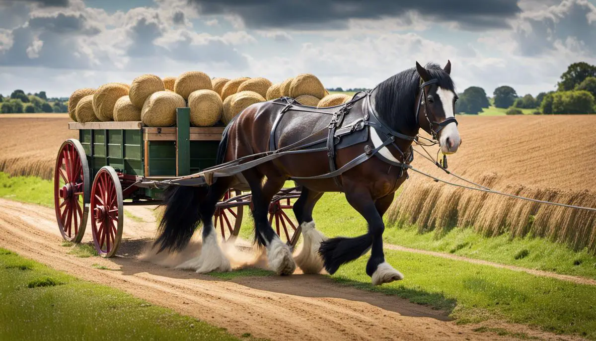 Image of a shire horse pulling a heavy load in a field