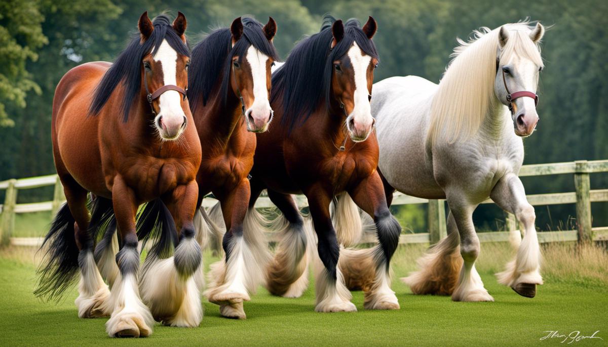 A majestic image of Shire horses walking through a field with their long, feathered legs.