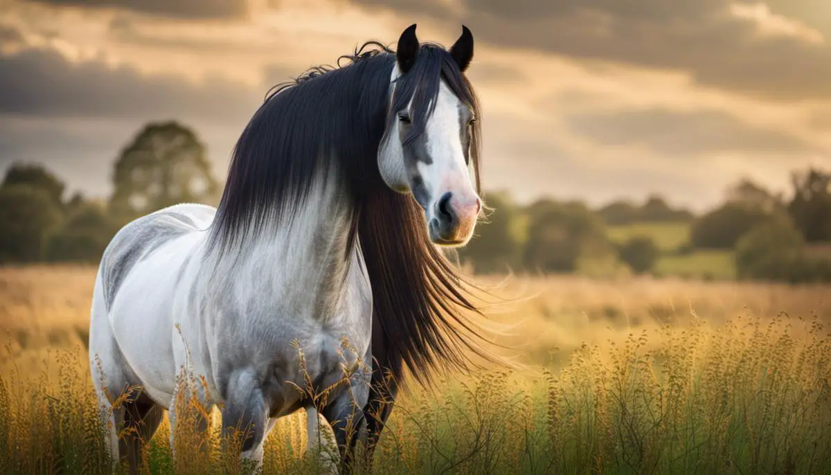 A beautiful Shire horse standing in a field, with its mane flowing in the wind.