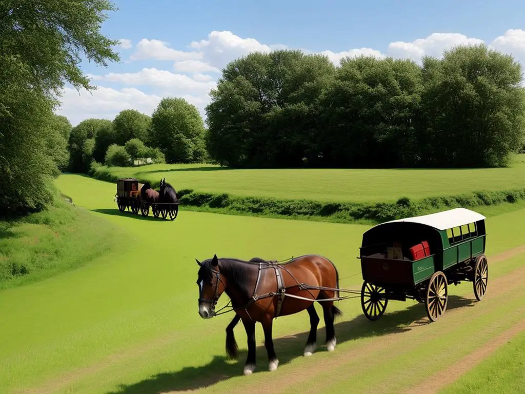 An image of a Shire horse pulling a wagon in a field next to a canal, representing their historical significance in aiding with transportation and infrastructure development.
