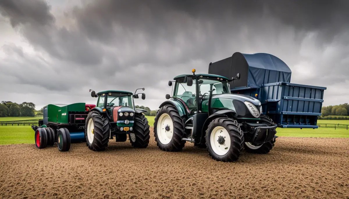 A visual comparison between the size and weight of a shire horse and tractors.