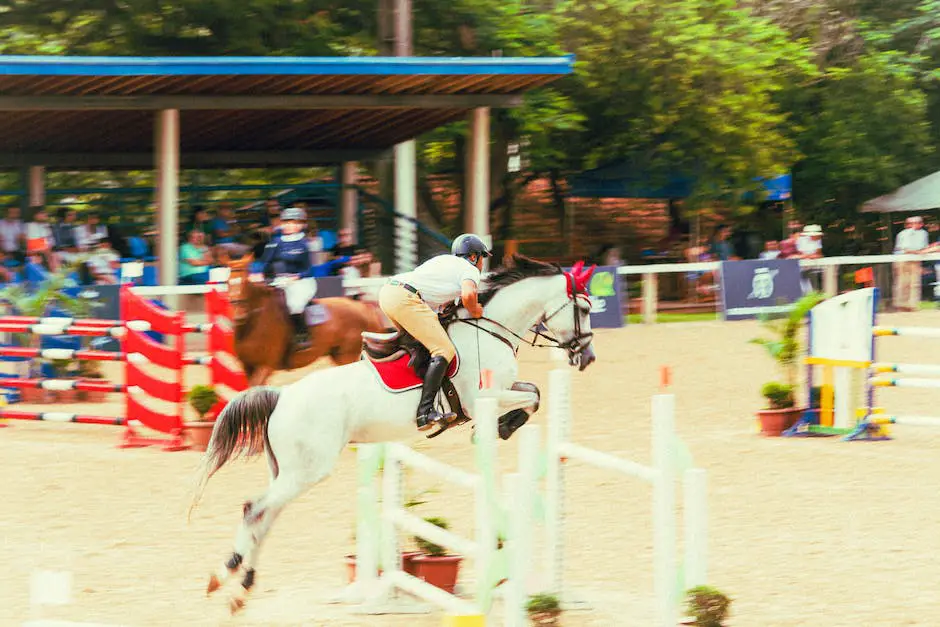 Image of Swiss equestrianism depicting a rider jumping a fence with a bold Swiss flag-patterned saddlecloth.