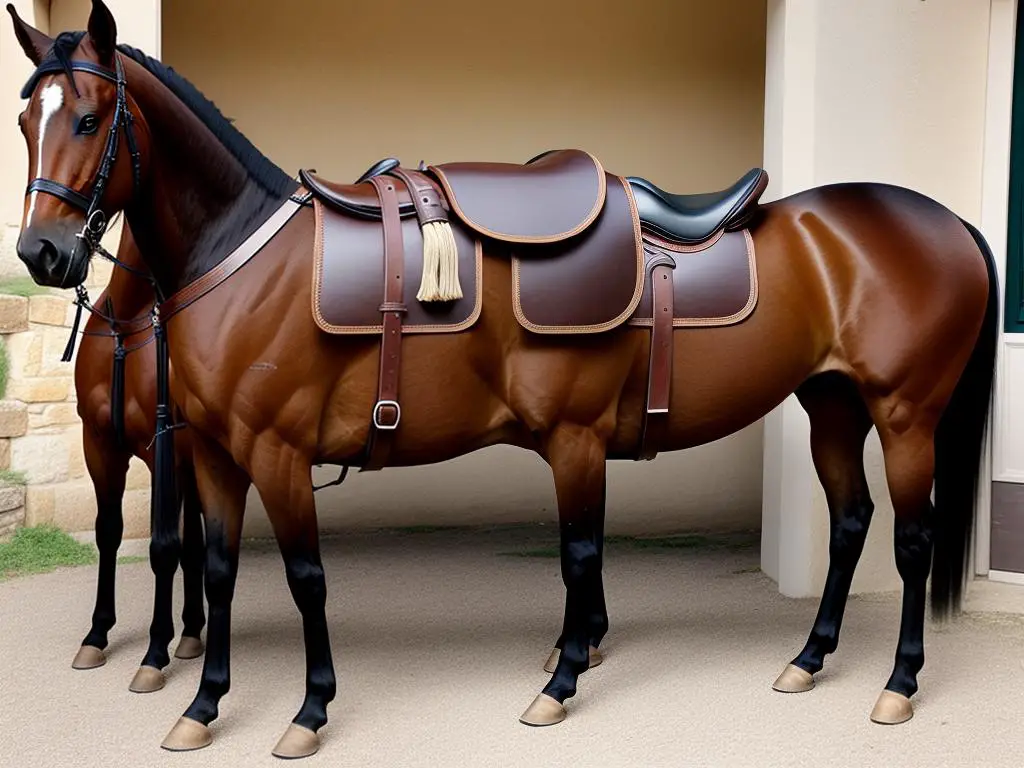 Image of traditional French horse equipment, including a saddle and bridle, showcasing the exquisite craftsmanship and attention to detail that embodies the French equestrian tradition.