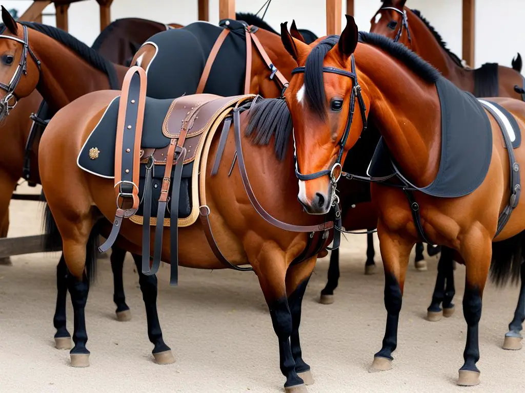 Image of traditional French horse equipment, including saddles, bridles, and harnesses, showcasing the craftsmanship and attention to detail in their design.