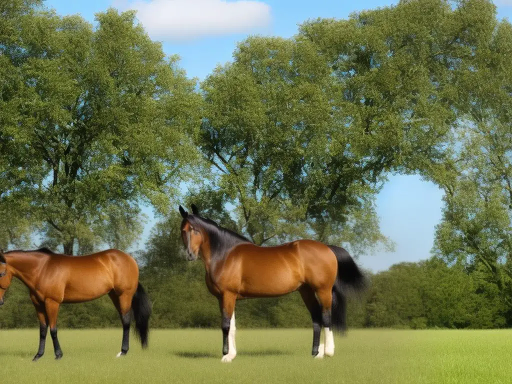 A Trakehner horse standing in a field, with its muscular build and elegant appearance on display.