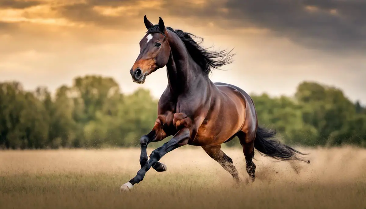 A majestic Trakehner horse galloping in a field