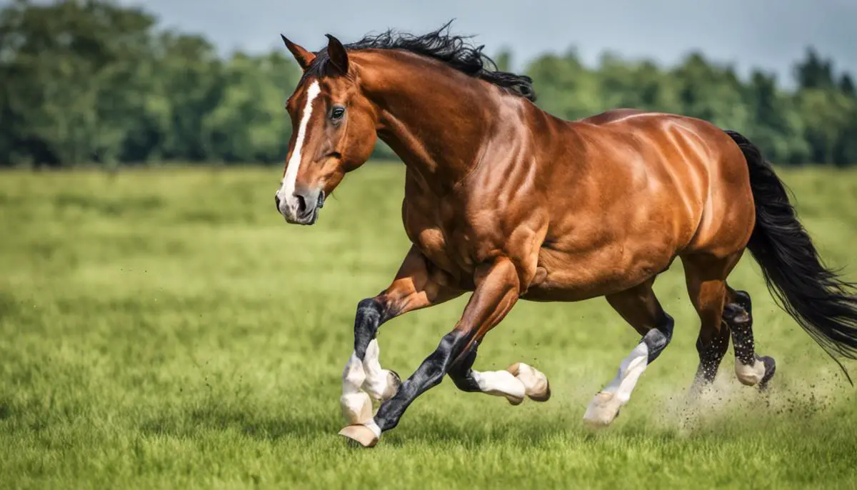 A majestic Trakehner horse running freely in a grassy field