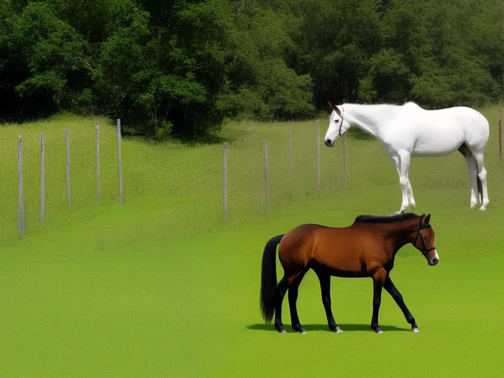 A beautiful brown warmblood horse standing in a lush green pasture with a white fence in the background