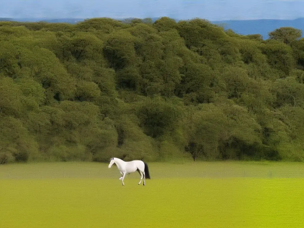 A photo of a warmblood horse trotting in a field