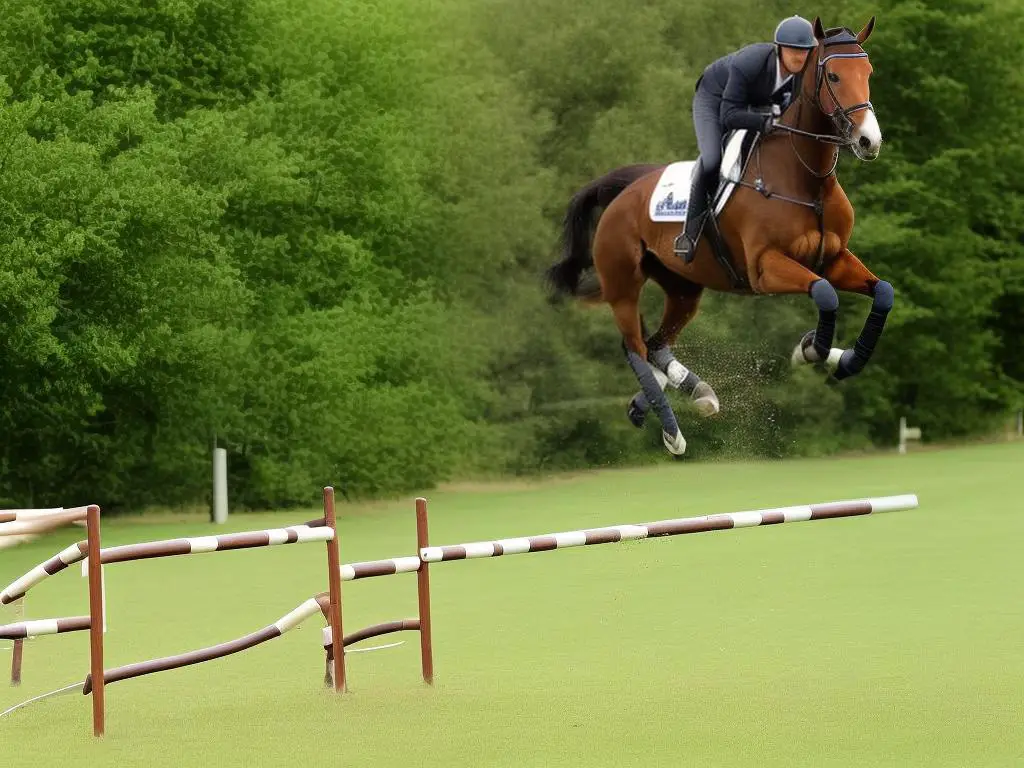 A brown warmblood horse jumping over a hurdle in a grassy field.