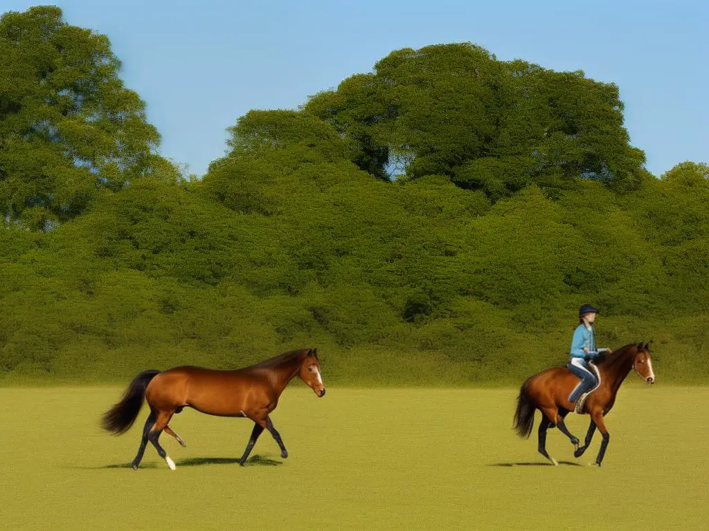 A chestnut colored warmblood horse galloping in a grassy field