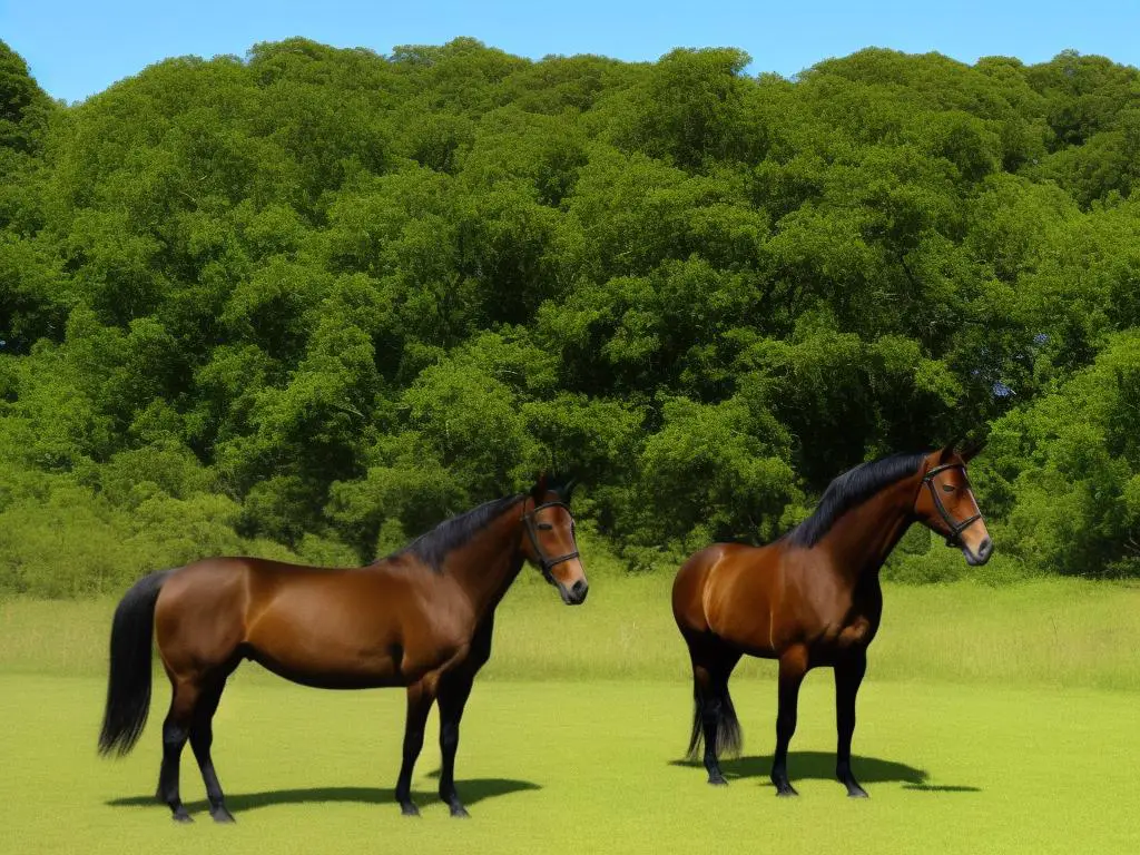 A brown horse with a muscular build standing in a grassy field with trees in the background.