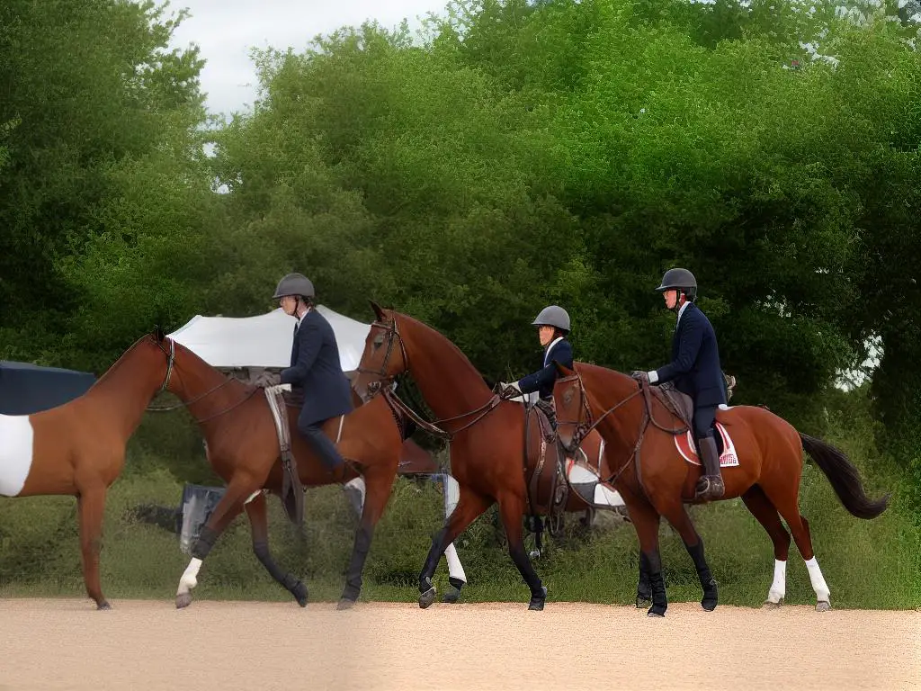 A brown warmblood horse is being led out of a barn into a grassy outdoor arena.