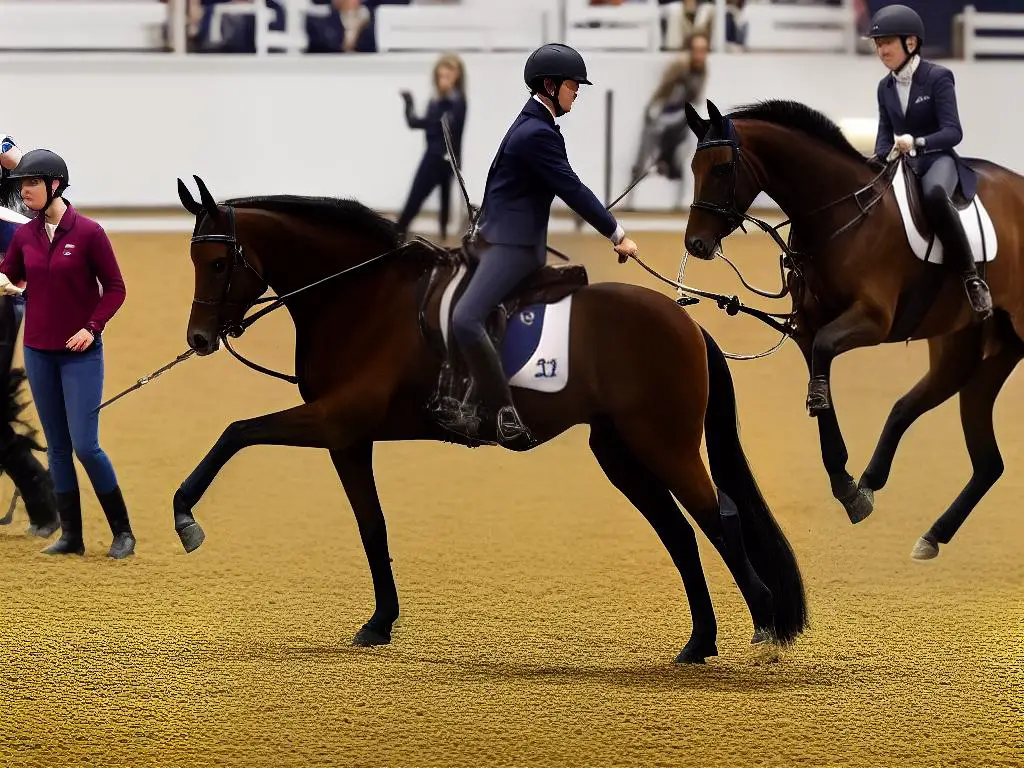 A person lunging a warmblood horse in an indoor arena, with other riders and horses in the background