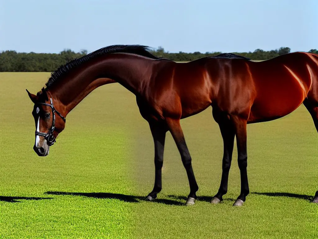 A brown warmblood horse in a field with a white fence in the background