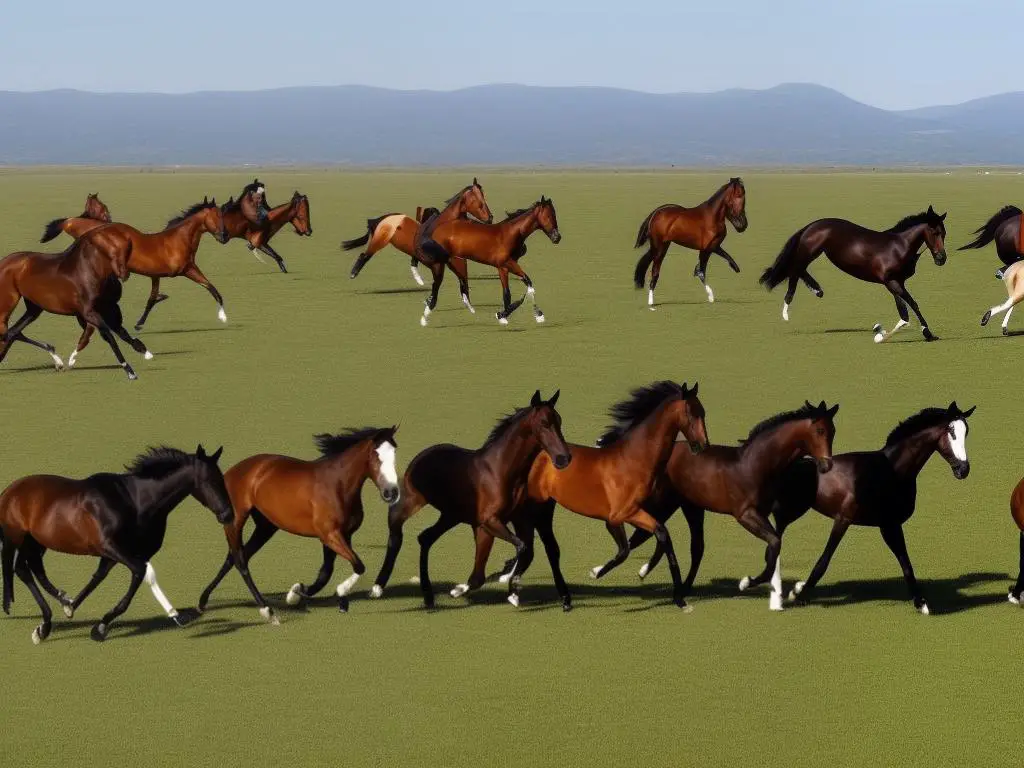 A group of warmblood horses galloping together in a field