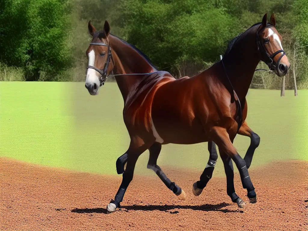 A photo of a warmblood horse running in a field