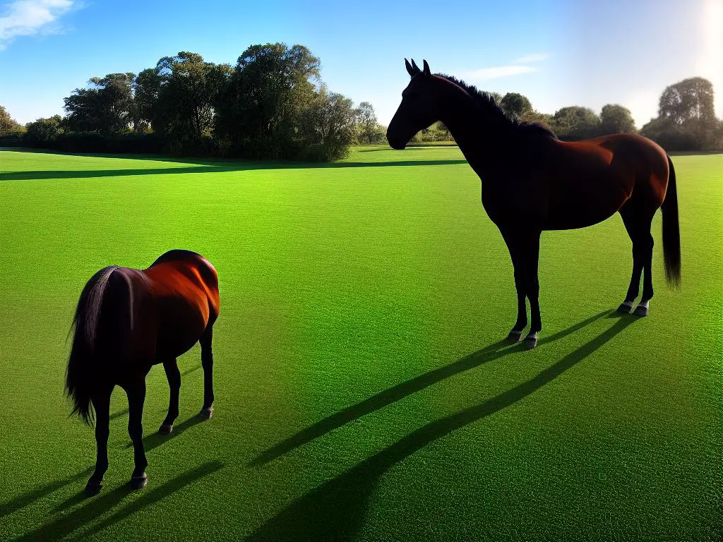 A warmblood horse standing on grass with a blue sky in the background